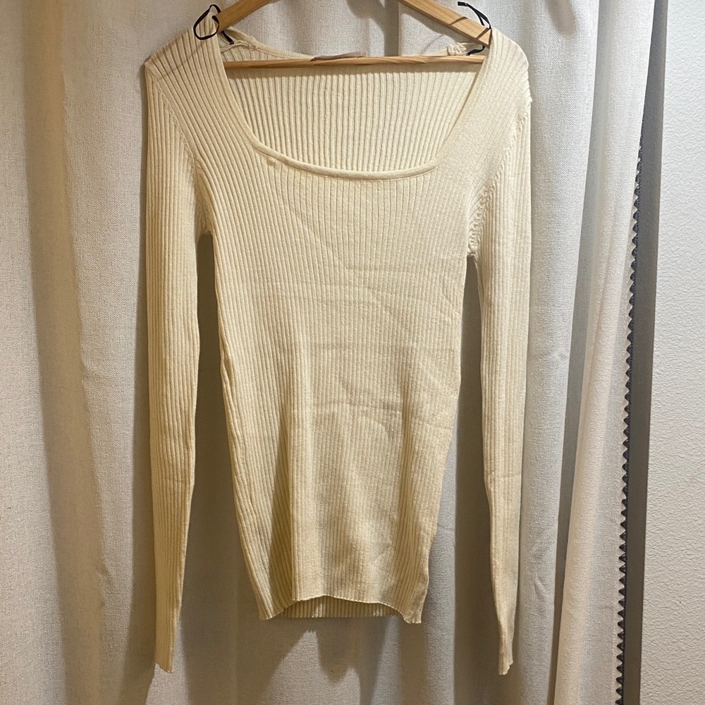 Cream Ribbed Long Sleeve Top